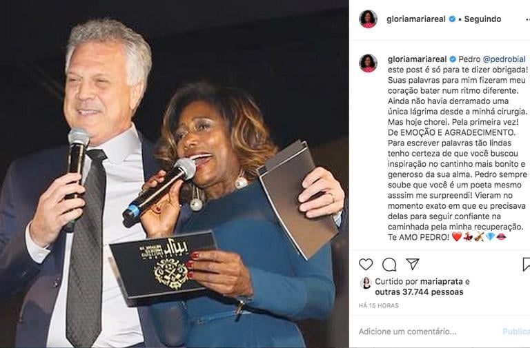 Gloria Maria chora com apoio de Pedro Bial após cirurgia