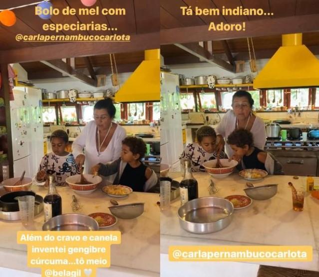 Regina Casé se diverte na cozinha com filho e neto