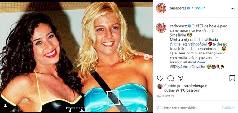 Carla Perez parabeniza Scheila Carvalho e posta foto rara da época do É o Tchan