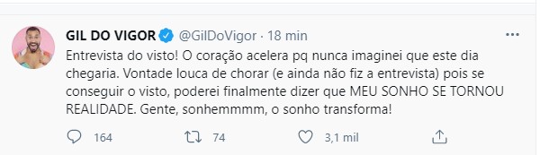 Tweet feito por Gil do Vigor