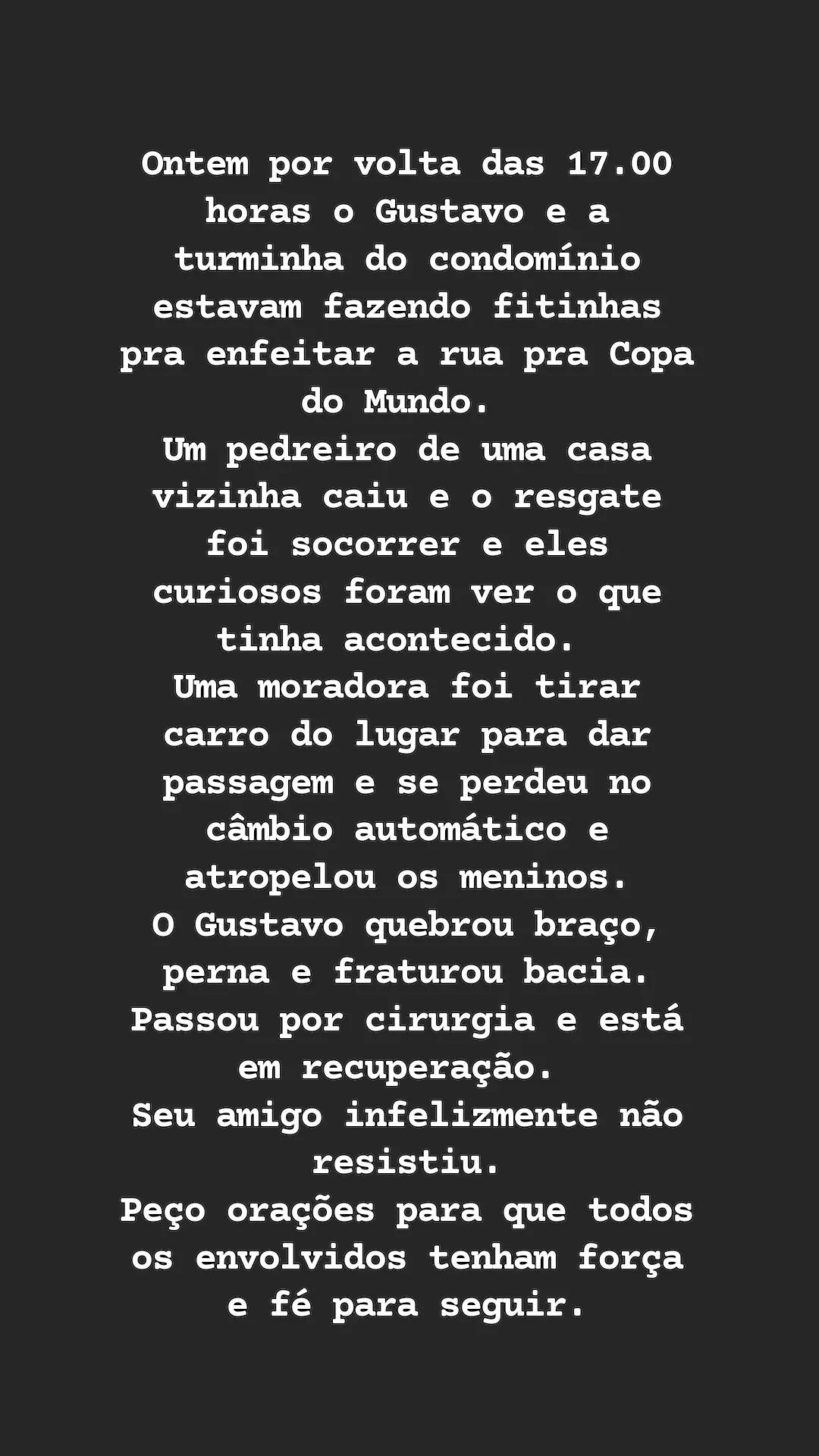 Assessoria de impressa de Gustavo Corasini fala sobre acidente envolvendo ator mirim (Reprodução/Instagram)