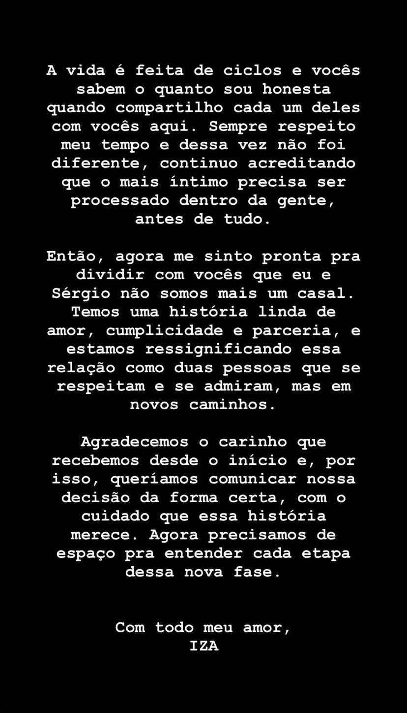 Iza anuncia o fim do casamento (Crédito: Reprodução/Instagram)