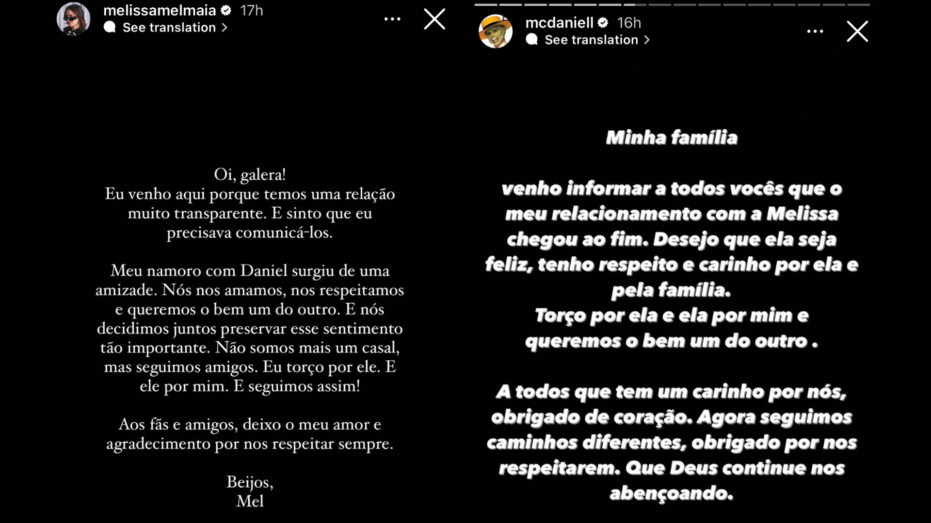 Declaração de término de Mel Maia e MC Daniel - Reprodução/Instagram