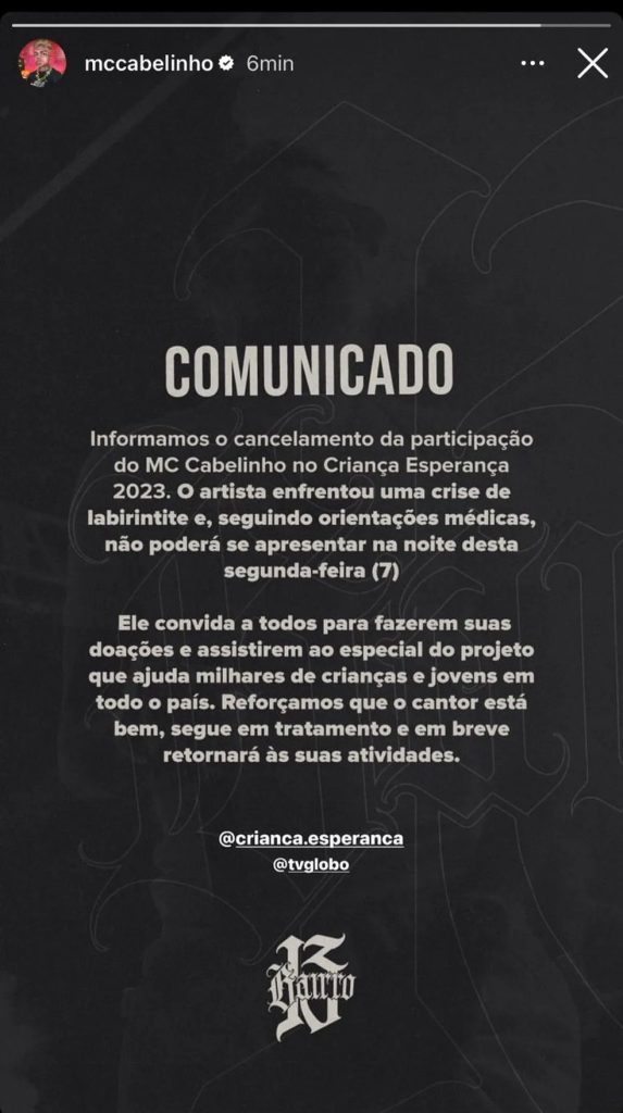 Comunicado MC Cabelinho (Reprodução/Instagram)