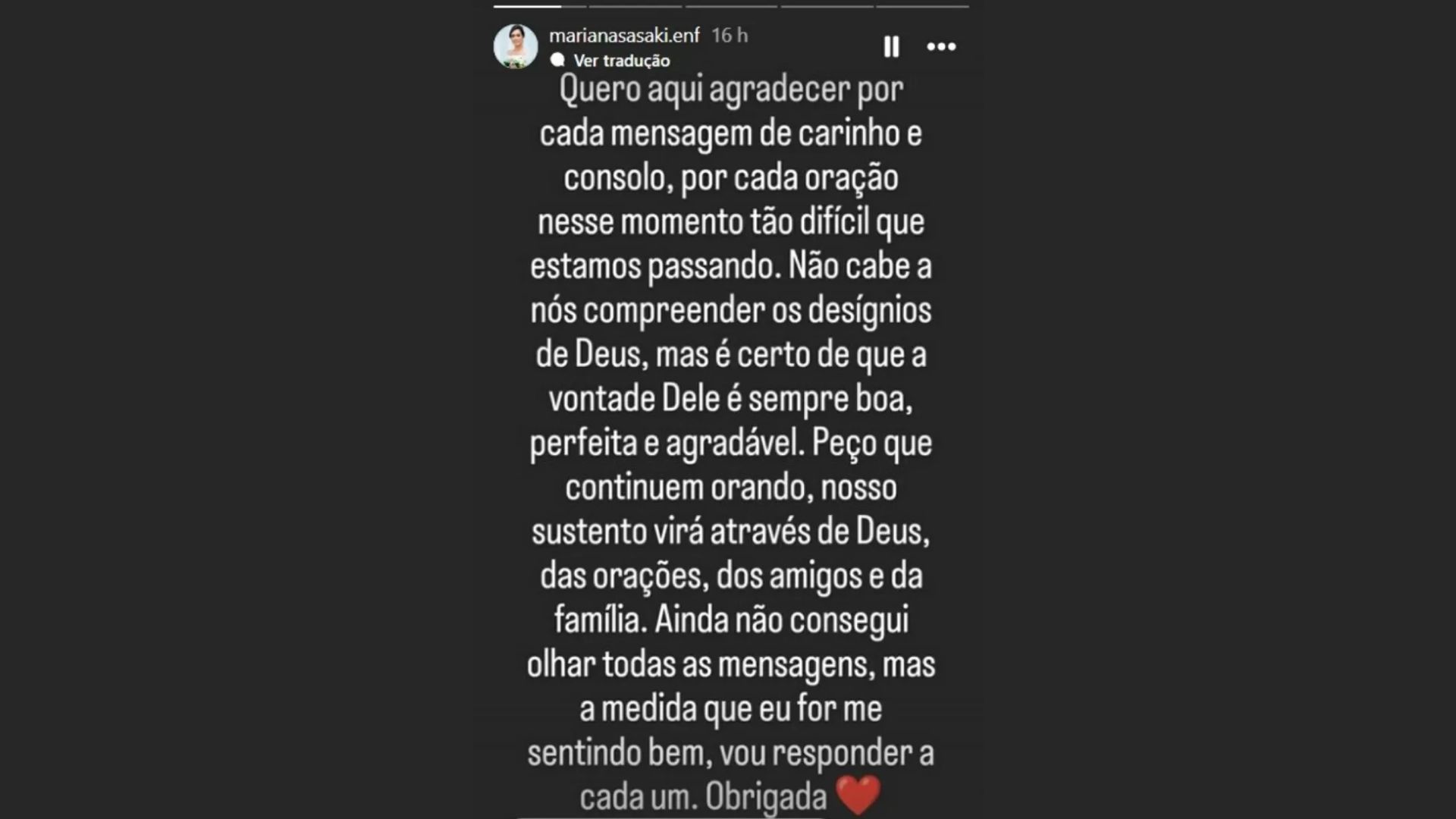 Mariana Sasaki via stories - Reprodução/ Instagram