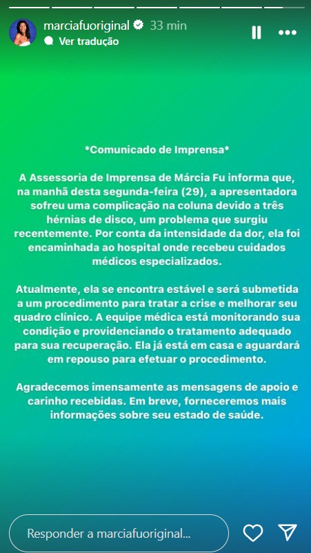 Comunicado Márcia Fu (Reprodução/Instagram)