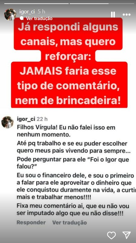 Igor Camargo faz post (Reprodução/Instagram)