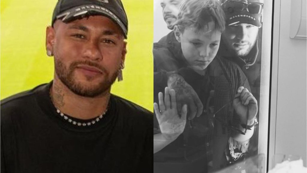 Neymar com Davi Lucca na sala de maternidade após nascimento da terceira filha, Helena