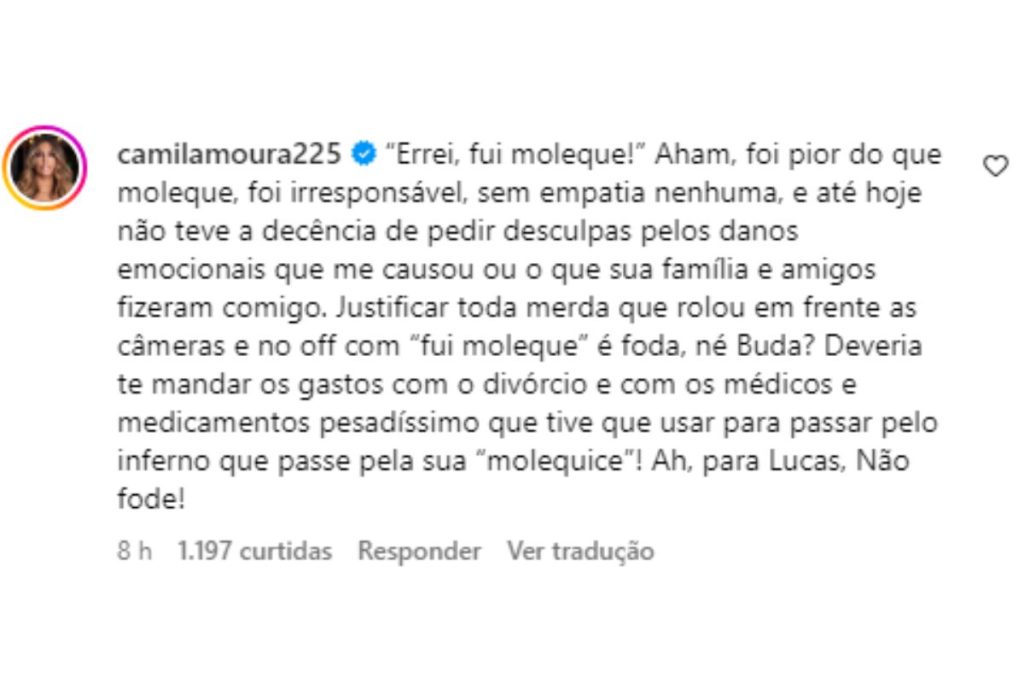 Resposta de Camila Moura - Reprodução/Instagram