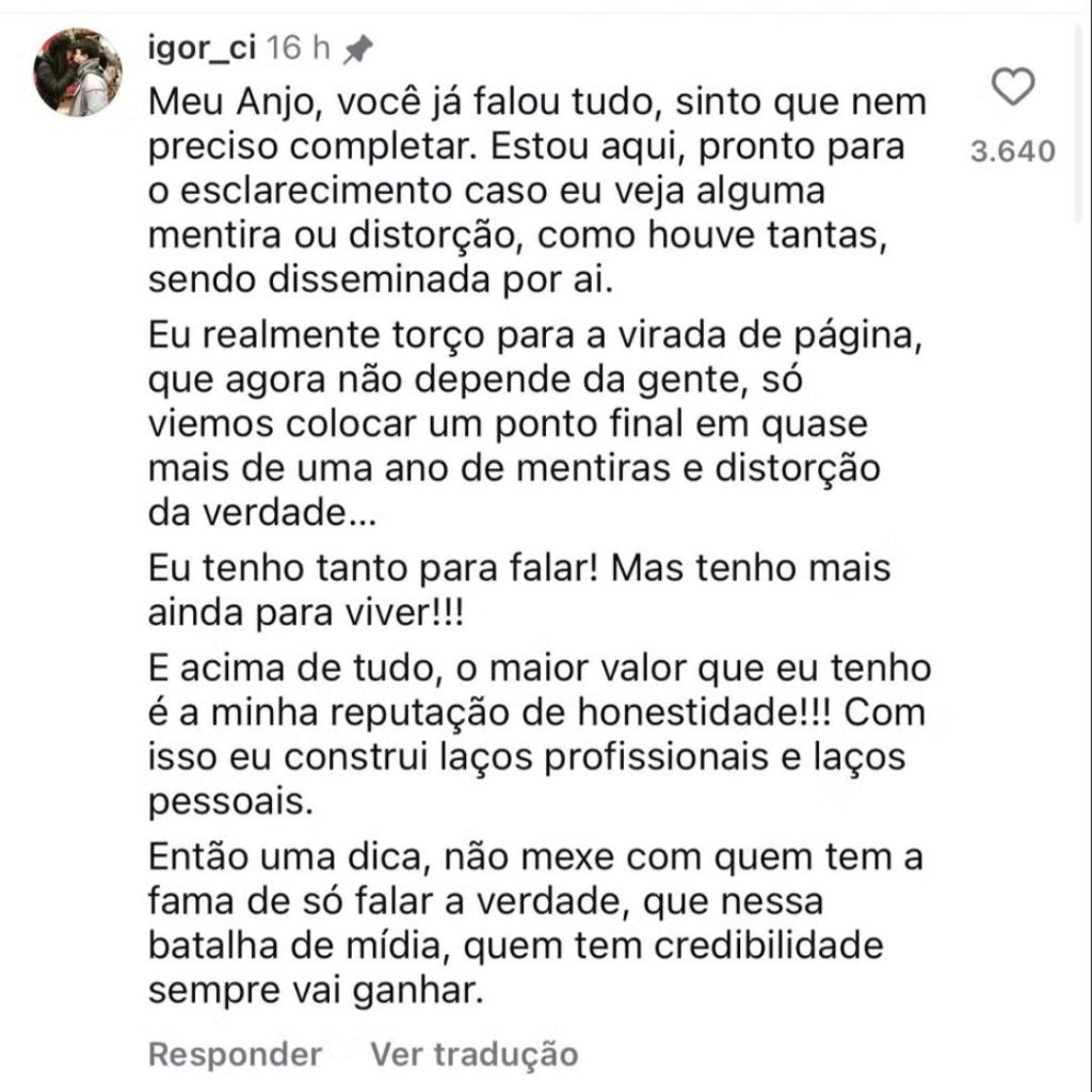 Comentário de Igor Camargo - Reprodução/Instagram