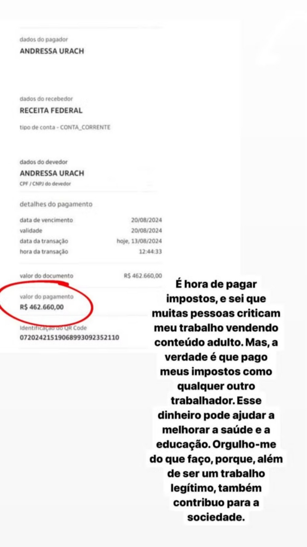 Andressa Urach faz post (Reprodução/Instagram)