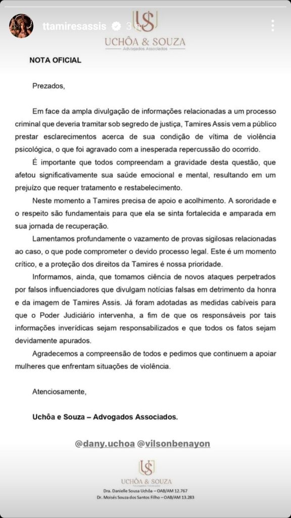 Tamires Assis, ex-affair de Davi Brito, se pronuncia nas redes sociais e revela detalhes de processo contra o campeão do 'BBB 24' - Reprodução/Instagram