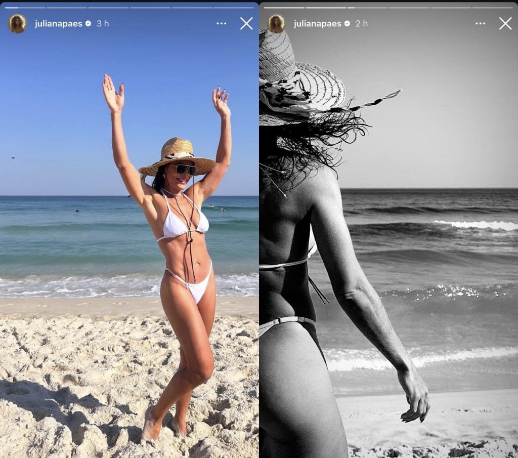 Juliana Paes usa biquíni fio-dental em dia de sol na praia