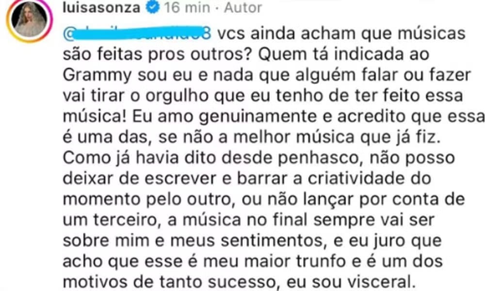 Luísa Sonza rebate crítica (Reprodução/Instagram)