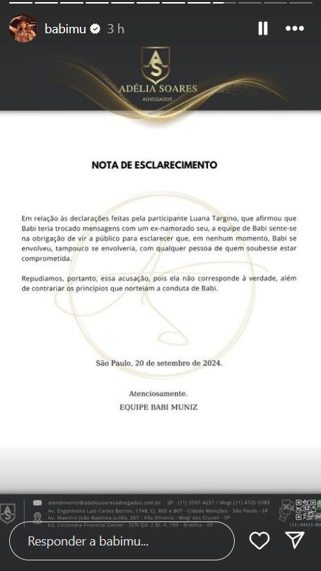 Nota equipe Babi Muniz (Reprodução/Instagram)