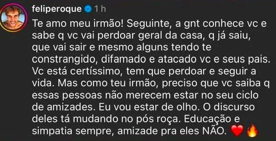 Felipe Roque defende Sacha Bali e manda recado para o peão da 'A Fazenda 16'