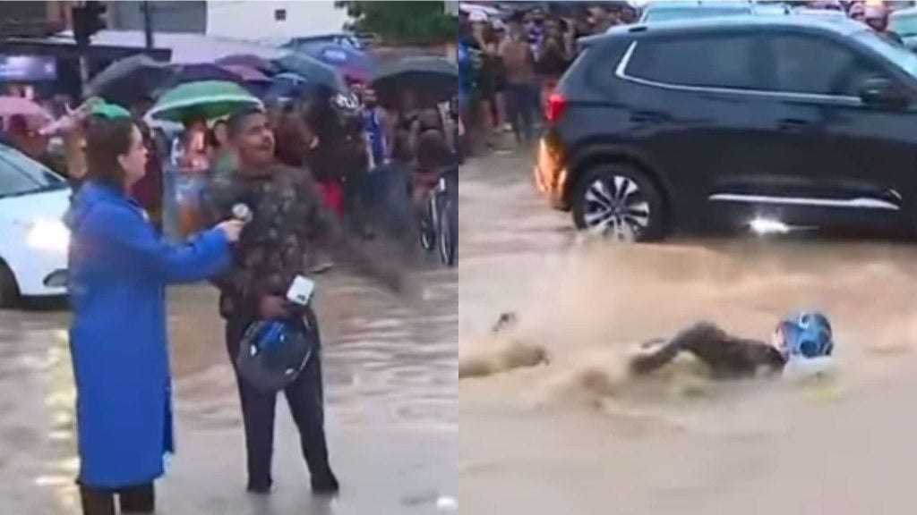 Repórter se assusta ao ver homem nadando em enchente no Rio de Janeiro