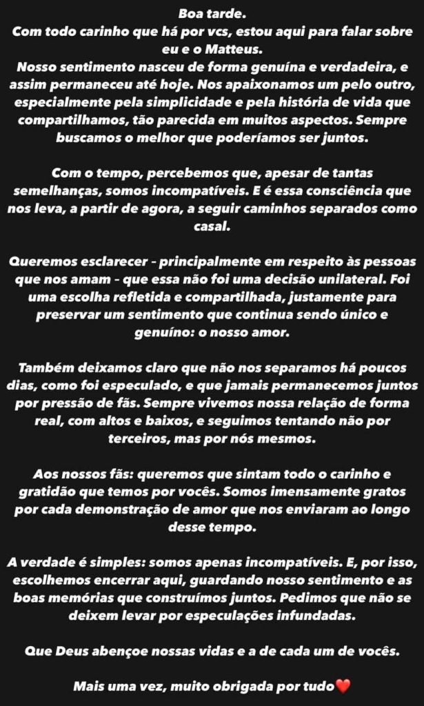 Ex-BBB Isabelle Nogueira anuncia fim do noivado com Matteus Amaral